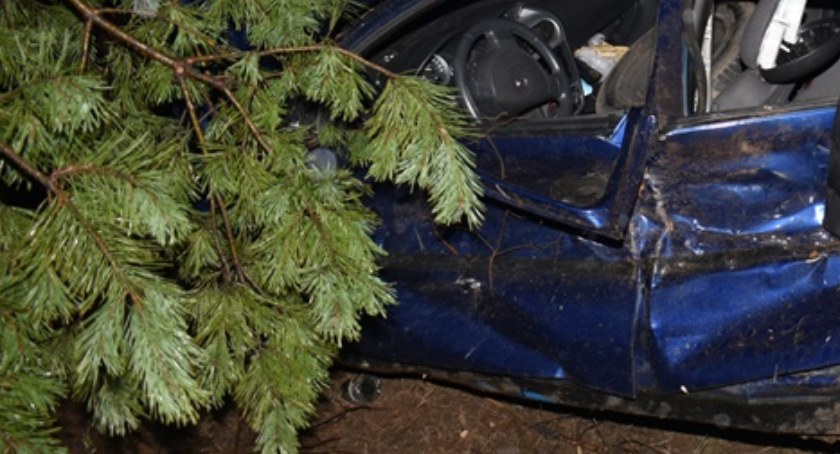  przekazanej informacji wynikało, że osobowe auto zjechało z drogi i uderzyło w drzewo./Zdjęcia:KPP Wyszków 