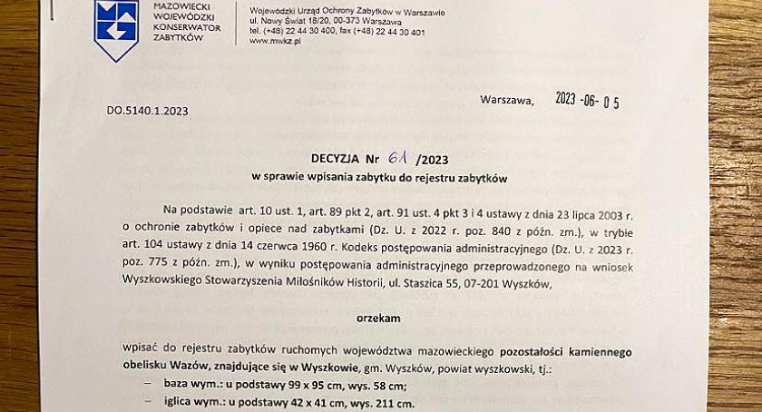 Nowy zabytek w Wyszkowie/zdjęcie: Fb Społeczny Komitet Odbudowy Drugiego Obelisku Wazów w Wyszkowie