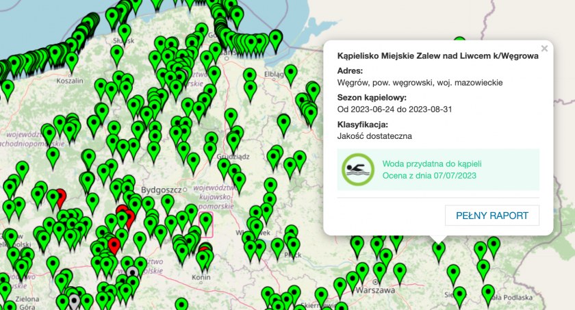 Serwis Kąpieliskowy to portal informacyjny o jakości wody w kąpieliskach, zawierający oznakowania na mapie Polski/zdjęcie: screen Serwis Kąpieliskowy (stan z dnia 14.07.2023r.)