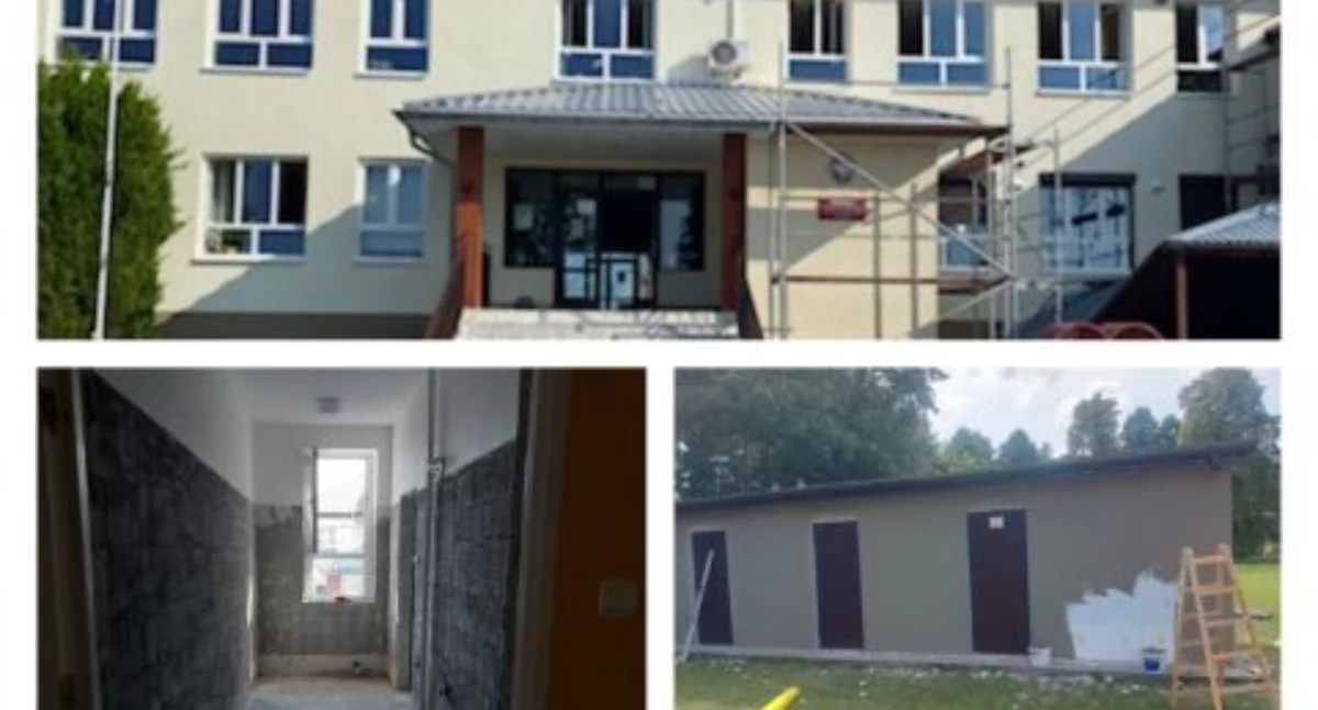 W największej gminnej szkole, w Rząśniku od kilku miesięcy trwają prace związane z remontem elewacji. / Zdjęcie: Urząd Gminy Rząśnik 