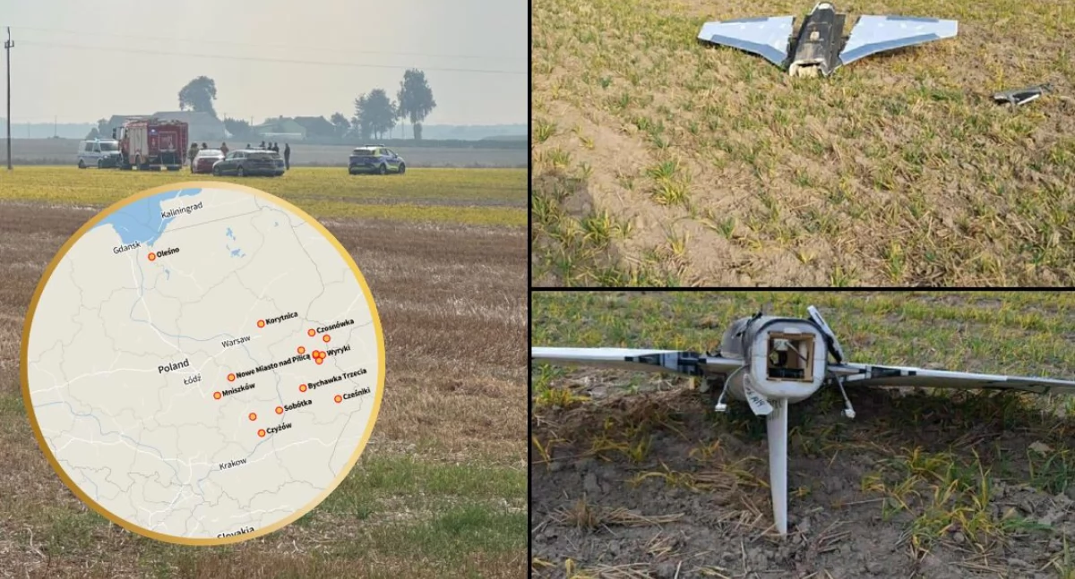 Fragmenty dronów w sumie zostały odnalezione w 16 miejscach. / Zdjęcia: X.com, Jawny Lublin / Onet 