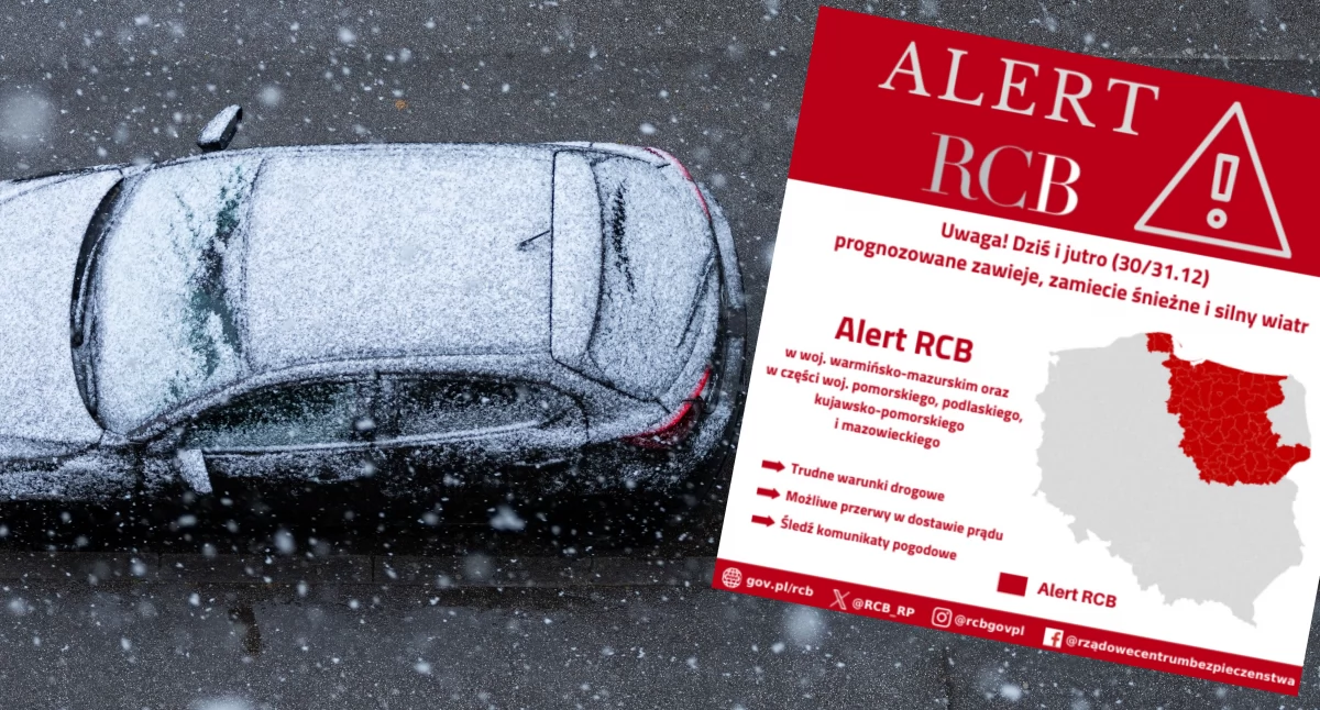 Treść alertu RCB brzmi: „Uwaga! Dziś i jutro (30/31.12) prognozowane zawieje, zamiecie śnieżne i silny wiatr. Trudne warunki drogowe, możliwe przerwy w dostawie prądu. Śledź komunikaty.” / Zdjęcie: freepik.com / RCB