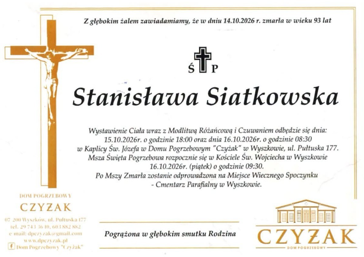 Nekrolog: śp. Stanisława Siatkowska, zm. 14 października 2026 r.