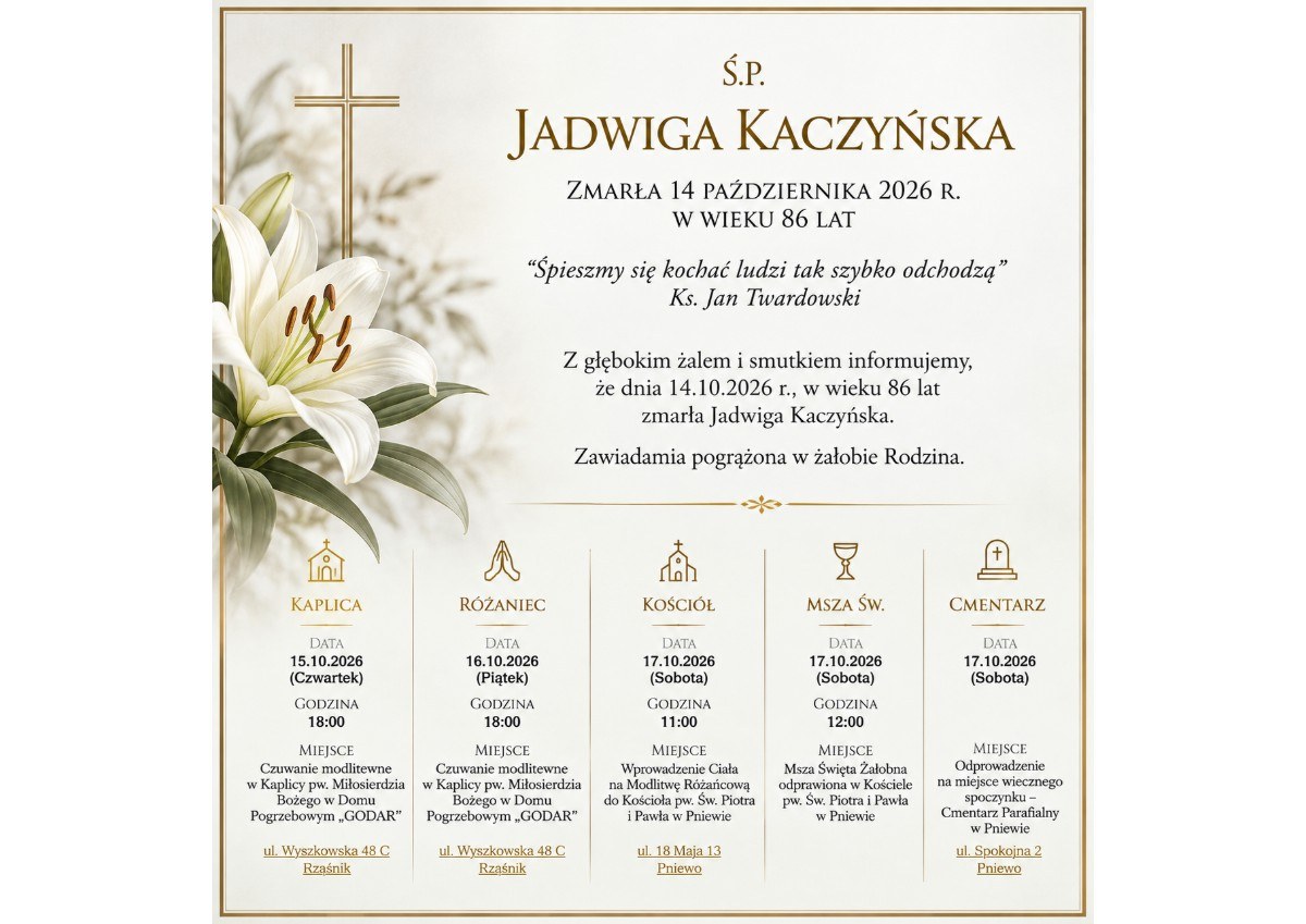 Nekrolog: śp. Jadwiga Kaczyńska, zm. 14 października 2026 r.