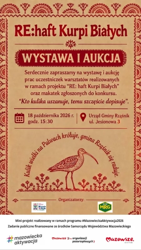 Rząśnik zaprasza na aukcję! Haft Kurpi Białych: Kto kulika uszanuje, temu szczęście dopisuje